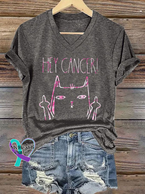 V-Neck Retro Breast Cancer Awareness Cat Hey Print T-Shirt Dark Grey / S