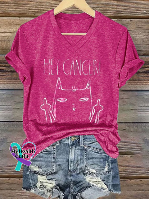 V-Neck Retro Breast Cancer Awareness Cat Hey Print T-Shirt Dark Pink / S