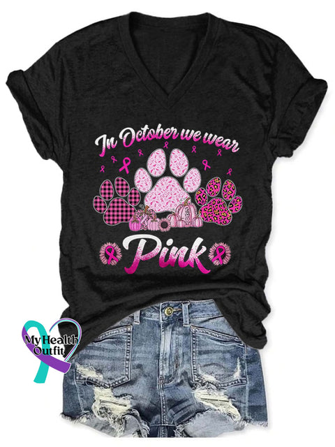 V-Neck Retro Breast Cancer Awareness Dog Paws In October We Wear Pink Print T-Shirt Black / S