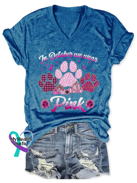 V-Neck Retro Breast Cancer Awareness Dog Paws In October We Wear Pink Print T-Shirt Blue / S