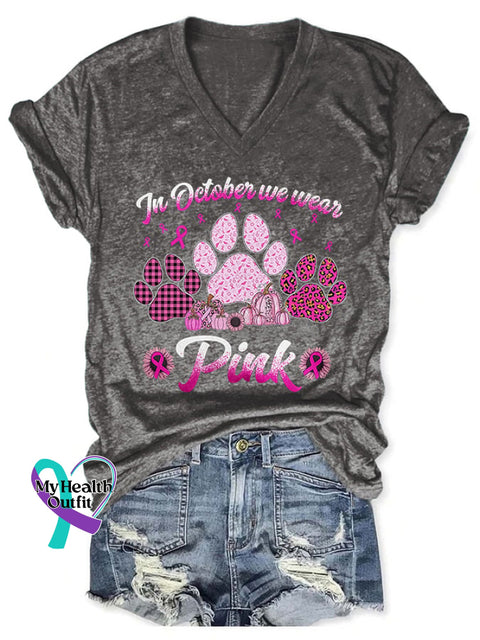 V-Neck Retro Breast Cancer Awareness Dog Paws In October We Wear Pink Print T-Shirt Dark Grey / S