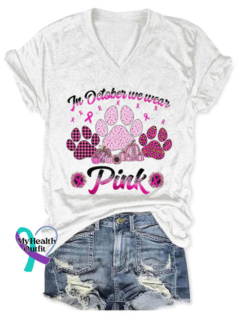 V-Neck Retro Breast Cancer Awareness Dog Paws In October We Wear Pink Print T-Shirt White / S