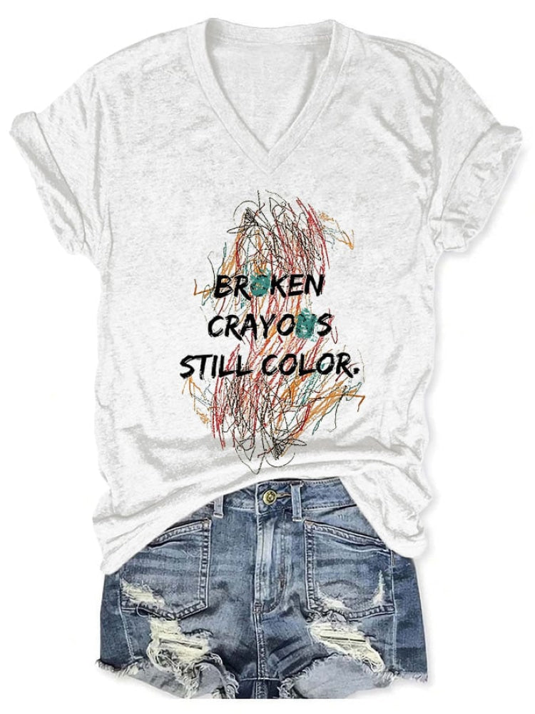 V-Neck Retro Broken Crayons Still Color Print T-Shirt White / S