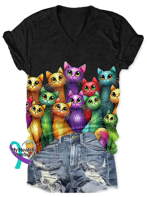 V-Neck Retro Cats Painting Print T-Shirt Black / S
