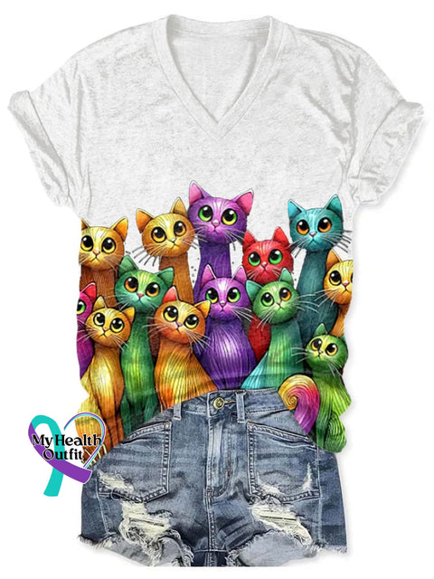 V-Neck Retro Cats Painting Print T-Shirt White / S