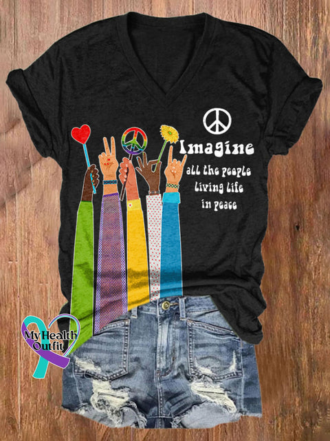 V-Neck Retro Hippie Imagine All The People Living Life In Peace Print Shirt Black / S