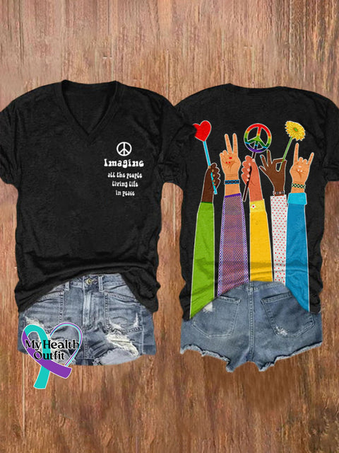 V-Neck Retro Hippie Imagine All The People Living Life In Peace Print Shirt Black / S