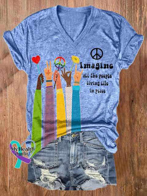 V-Neck Retro Hippie Imagine All The People Living Life In Peace Print Shirt Blue / S