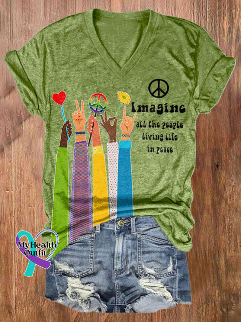 V-Neck Retro Hippie Imagine All The People Living Life In Peace Print Shirt Green / S