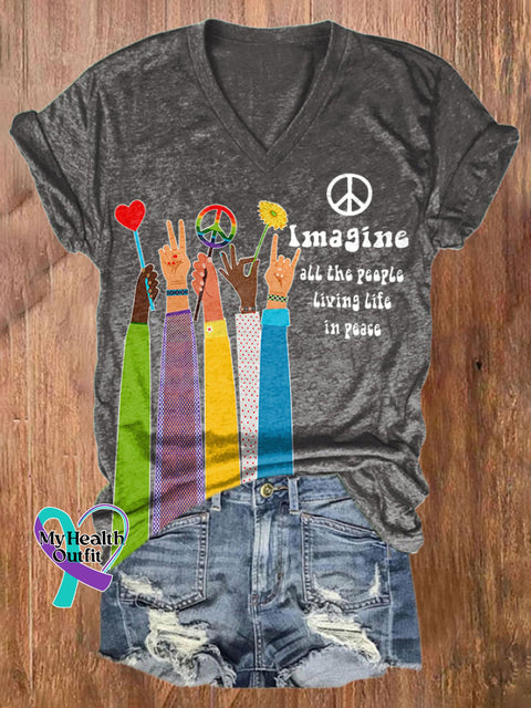 V-Neck Retro Hippie Imagine All The People Living Life In Peace Print Shirt Grey / S