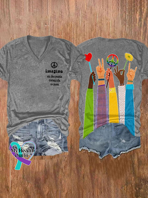 V-Neck Retro Hippie Imagine All The People Living Life In Peace Print Shirt Grey / S