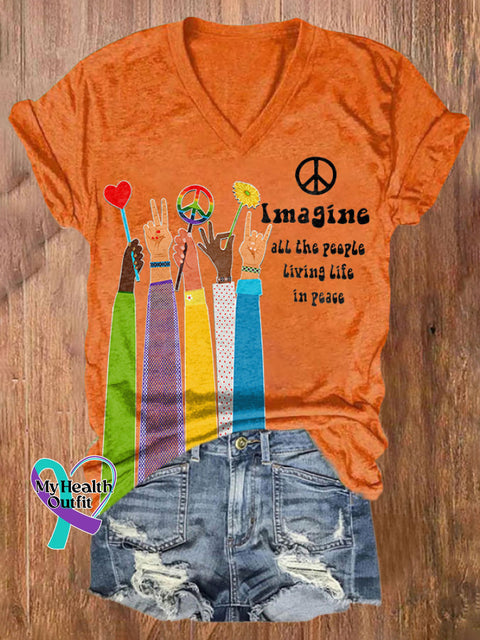 V-Neck Retro Hippie Imagine All The People Living Life In Peace Print Shirt Orange / S