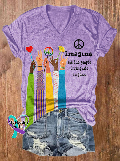 V-Neck Retro Hippie Imagine All The People Living Life In Peace Print Shirt Purple / S