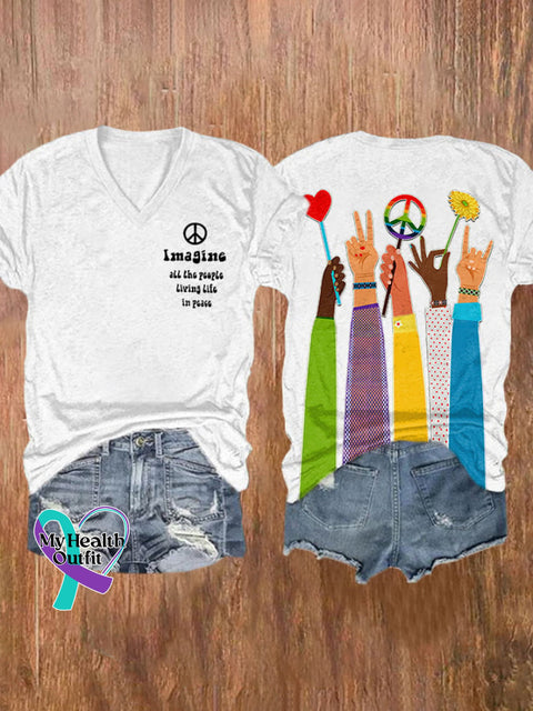 V-Neck Retro Hippie Imagine All The People Living Life In Peace Print Shirt White / S