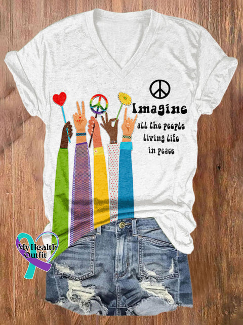 V-Neck Retro Hippie Imagine All The People Living Life In Peace Print Shirt White / S