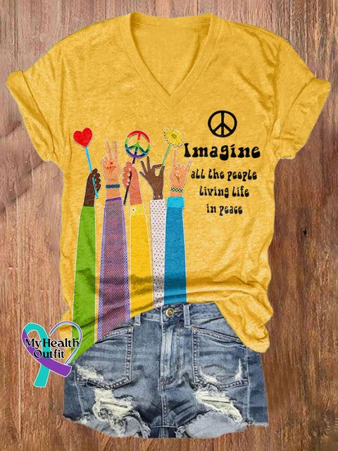 V-Neck Retro Hippie Imagine All The People Living Life In Peace Print Shirt Yellow / S