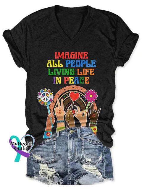 V-Neck Retro Hippie Imagine All The People Living Life In Peace Print T-Shirt Black / S