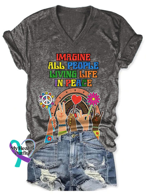 V-Neck Retro Hippie Imagine All The People Living Life In Peace Print T-Shirt Dark Grey / S