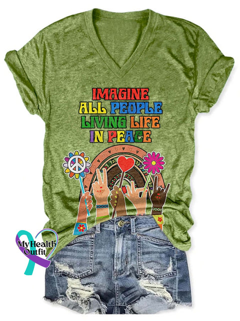 V-Neck Retro Hippie Imagine All The People Living Life In Peace Print T-Shirt Green / S