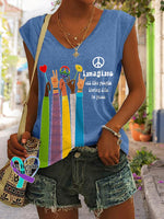 V-Neck Retro Hippie Imagine All The People Living Life In Peace Print Tank Top Blue / S