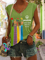 V-Neck Retro Hippie Imagine All The People Living Life In Peace Print Tank Top Green / S