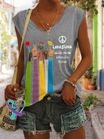 V-Neck Retro Hippie Imagine All The People Living Life In Peace Print Tank Top Grey / S