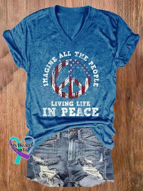 V-Neck Retro Imagine All The People Livin’ Life In Peace Print T-Shirt Blue / S