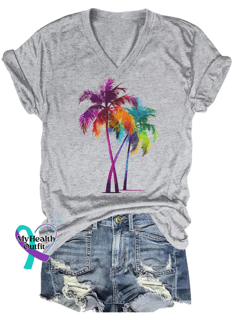 Vacation Rainbow Coconut Tree Art Print Casual T-Shirt Grey / S