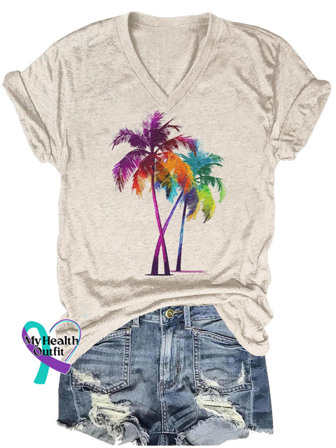 Vacation Rainbow Coconut Tree Art Print Casual T-Shirt Sand / S