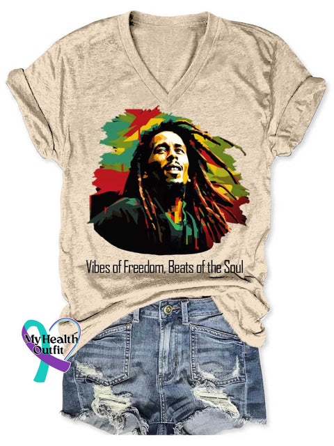 Vibes Of Freedom Beats Of The Soul Art V neck Casual T Shirt Apricot / S