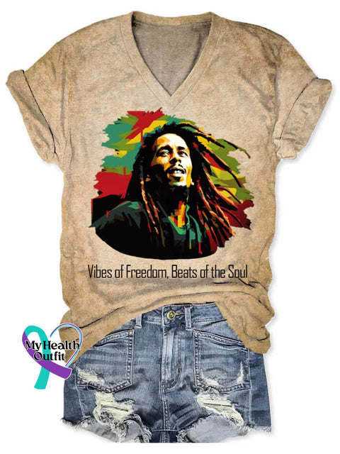 Vibes Of Freedom Beats Of The Soul Art V neck Casual T Shirt Khaki / S