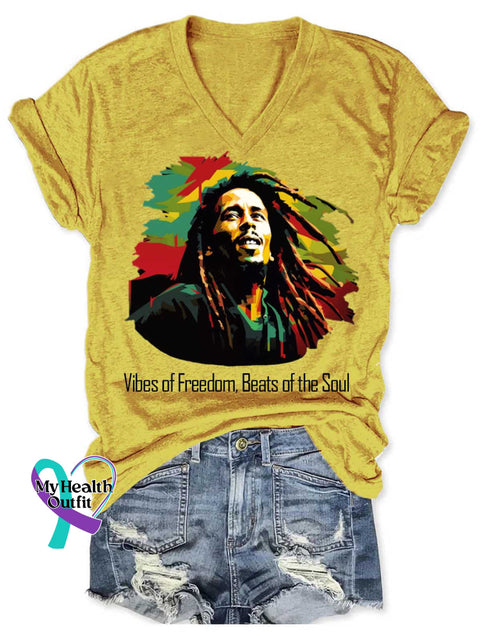 Vibes Of Freedom Beats Of The Soul Art V neck Casual T Shirt Yellow / S