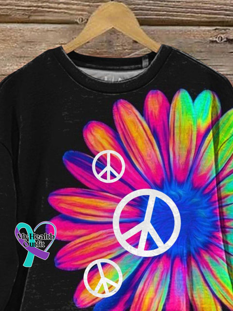 Vibrant Daisy And Peace Sign Art Printed Casual Sweatshirt