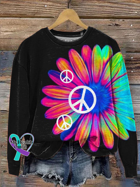 Vibrant Daisy And Peace Sign Art Printed Casual Sweatshirt Multicolor / S