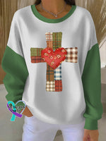 Vintage Cross Art Print Casual Sweatshirt Green / S