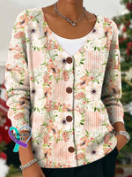 Vintage Flora Art Breast Cancer Awareness Print Buttoned V-neck Cardigan Sweater Multicolor / S