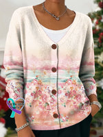 Vintage Flora Art Breast Cancer Awareness Print Buttoned V-neck Cardigan Sweater Multicolor / S