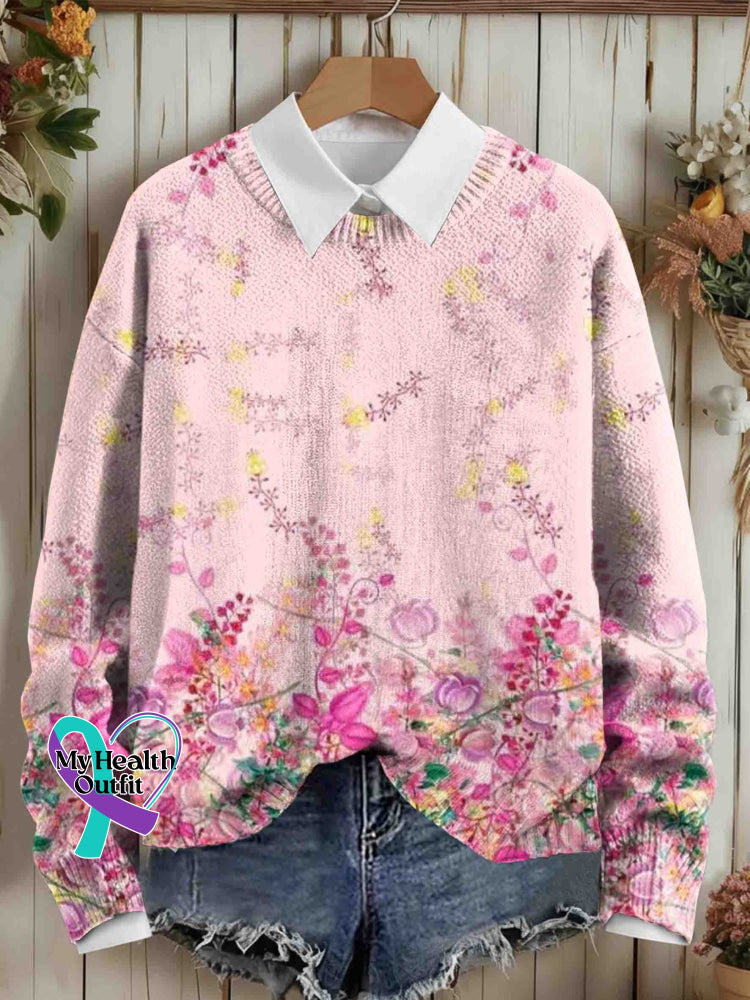 Vintage Flora Art Breast Cancer Awareness Print Knit Pullover Sweater Multicolor / S