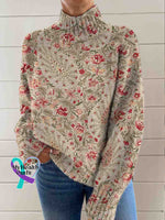 Vintage Flora Art Print Knit Turtleneck Pullover Sweater Apricot / S