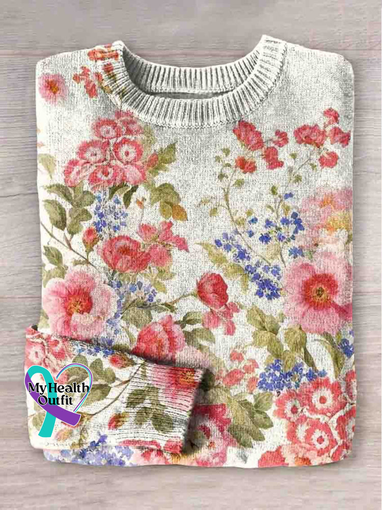 Vintage Flora Breast Cancer Awareness Art Print Knit Pullover Sweater Multicolor / S