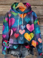 Vintage Heart Print Casual Hoodie Multicolor / S