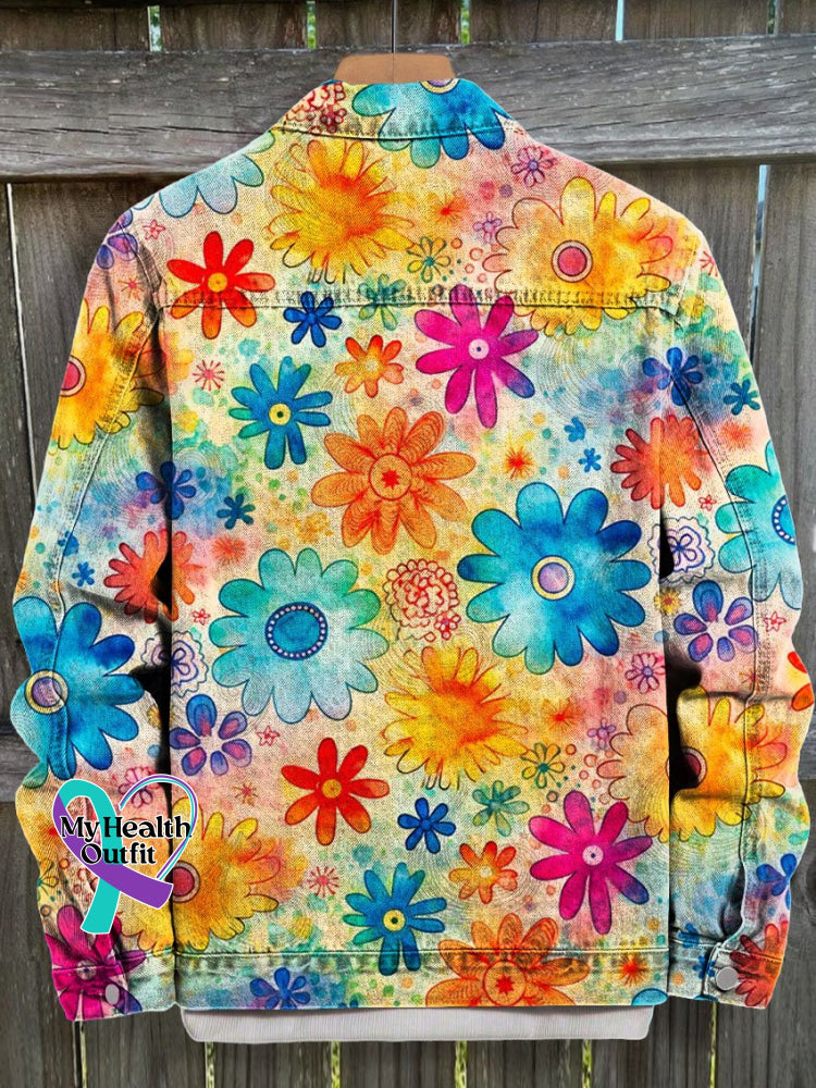 Vintage Hippie Love And Peace Flower Art Print Casual Denim Jacket