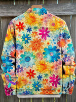 Vintage Hippie Love And Peace Flower Art Print Casual Denim Jacket