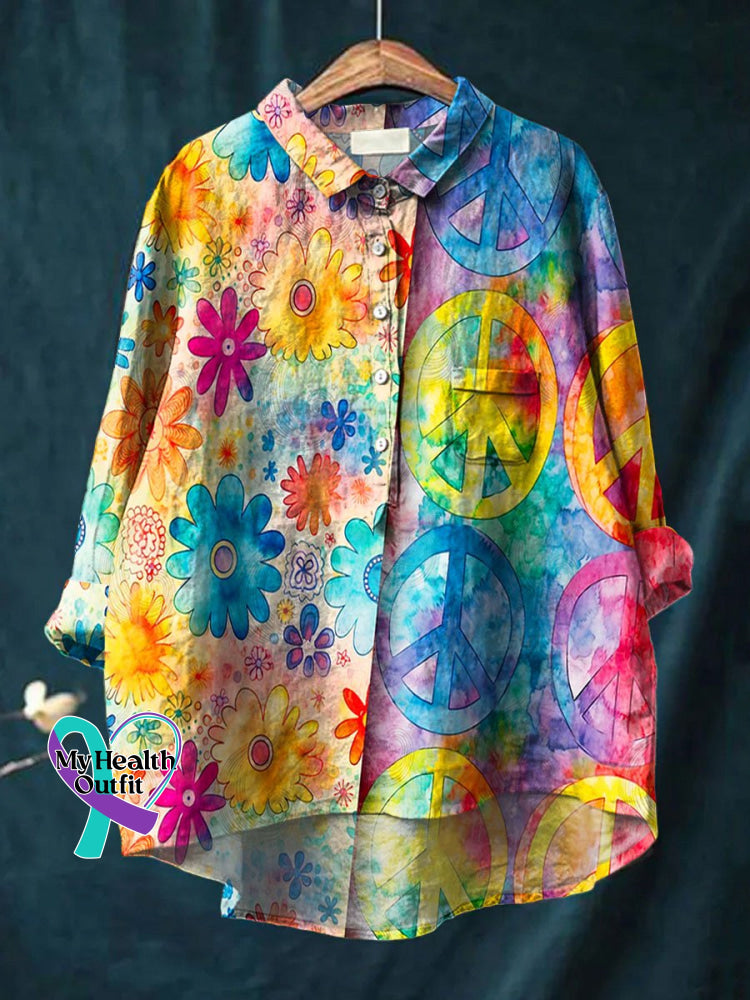 Vintage Hippie Love And Peace Flower Art Print Casual Denim Jacket Cotton Linen / S