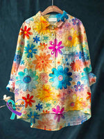 Women’s Vintage Love And Peace Flower Art Print Casual Cotton Linen Shirt Multicolor / S