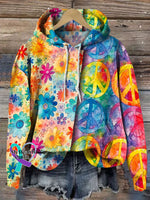 Vintage Hippie Love And Peace Flower Art Print Casual Denim Jacket Hoodie / S