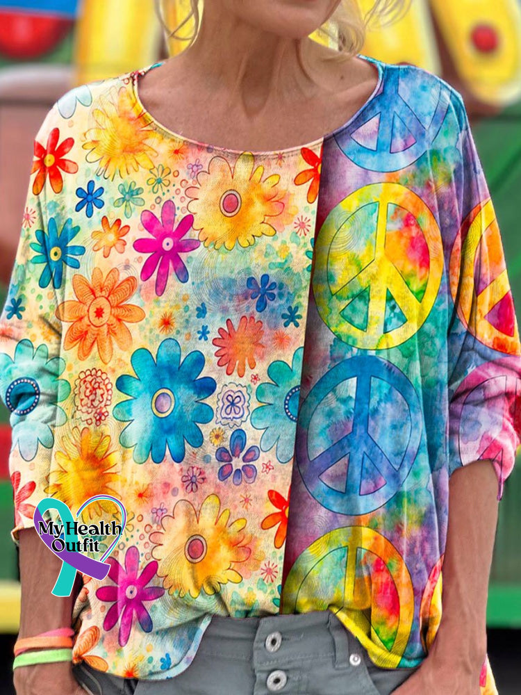 Vintage Hippie Love And Peace Flower Art Print Casual Denim Jacket Long Sleeve / S