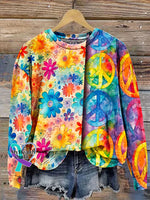 Vintage Hippie Love And Peace Flower Art Print Casual Denim Jacket Sweatshirt / S