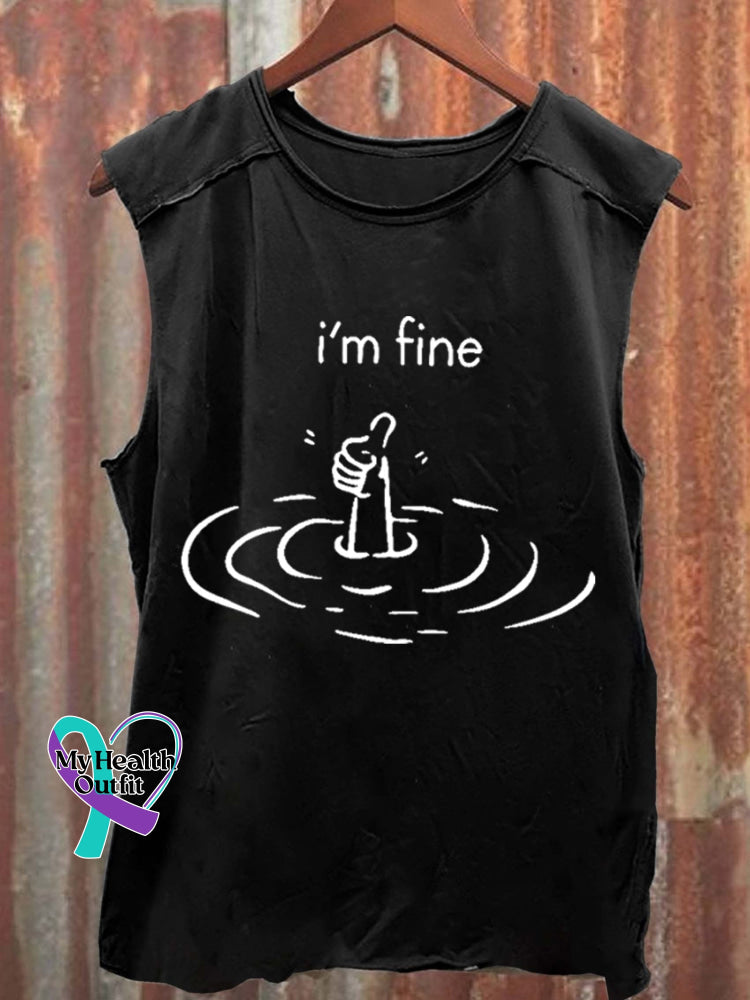 Vintage I‘m Fine Funny 100% Cotton Casual Tank Top Black / S