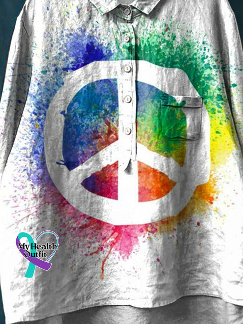 Vintage Peace And Love Art Print Casual Cotton Linen Shirt
